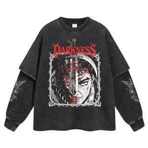 T-shirt à manches longues en coton tricoté 100% avec imprimé graphique vintage esthétique sombre, tendance streetwear pour homme, impression numérique, séchage rapide - Product Image 1