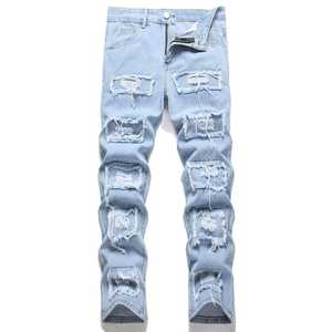 Jean en denim décontracté pour homme, coupe droite, légèrement déchiré, respirant, écologique, confortable, taille ajustée, coupe classique - Product Image 1