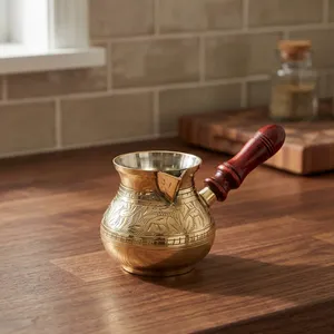 Cafetière traditionnelle en laiton avec motif floral gravé, forme ronde, poignée en bois, pot de service décoratif - Product Image 6