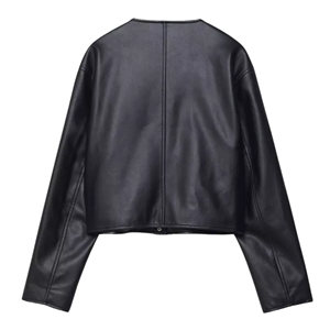 Ladies Black Genuine Leather Cropped <b>Jacket</b> <b>Collarless</b> Fashion Casual <b>Jacket</b> - Product Image 2