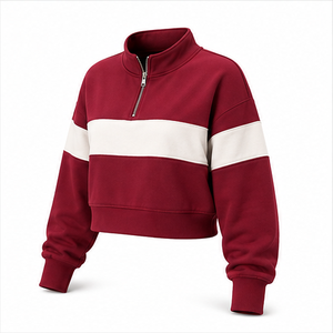 Customize Wine Red <b>Womens</b> Loose Fit <b>Half</b> <b>Zip</b> Cropped <b>Sweatshirt</b> Stand Collar Combed Cotton WHZCROP-0015 - Product Image 3