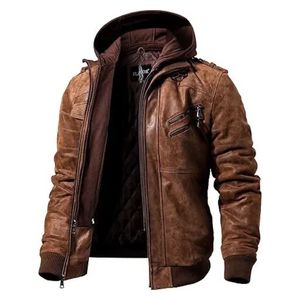 Men's <b>Brown</b> <b>Leather</b> Motorcycle <b>Jacket</b> with a removable hood - Product Image 1