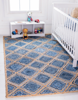 Handgefertigter Denim-Blauer Diamantmuster-Juteteppich Geflochtener Naturfaser-Teppich Boho Farmhaus Bodenmatte