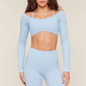 Camiseta Corta de Manga Larga para Mujer, Cuello Ancho, Transpirable, Diseño de Color Sólido, Material Personalizado, Compresión, Venta al por Mayor - Product Image 5