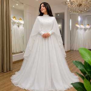 Luxury <b>White</b> Pearl Beaded Ball Gown for Women | Elegant High Neck Long Sleeve Evening Dress Watteau Train Flowing Chiffon <b>Cape</b> - Product Image 5