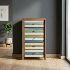 Meuble de salon contemporain en bois, armoire haute avec 5 tiroirs et organisateur multi-portes - Product Image 1