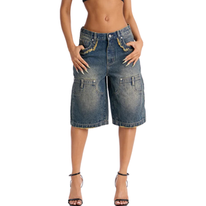 Shorts Bermuda en jean délavé vintage pour femme, coupe ample, bleu, en coton, style streetwear décontracté, respirant, séchage rapide, bords effilochés, taille moyenne - Product Image 1