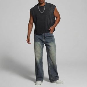Mens Acid Wash Cropped Tank <b>Tops</b> Dolman Sleeve T Shirt Oversized Vintage Muscle Sleeveless Boxy Tees <b>Crop</b> <b>Top</b> - Product Image 2