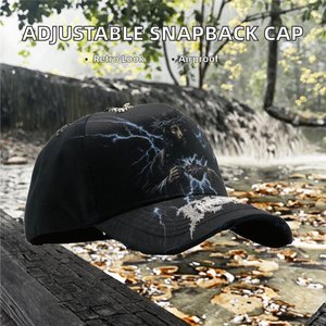 Black 6-Panel Baseball <b>Cap</b> With Lightning Jesus Print Distressed Ripped Design Unisex Cotton Street Style Hat Adjustable Fit - Product Image 3
