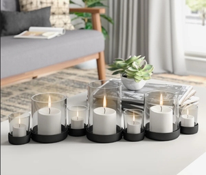 Base en métal noir moderne et interconnectée avec 7 porte-bougies cylindriques en verre transparent amovibles pour la décoration de table - Product Image 3