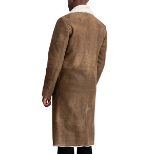 Manteau en cuir véritable marron pour homme, longueur genou, col à revers cranté, simple boutonnage, doublure en fourrure - Product Image 4
