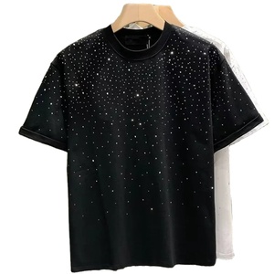 Camisetas Personalizadas con Pedrería, Negras, 100% Algodón, Camisetas de Cuello Redondo para Hombre, Ropa Urbana de Verano, Camiseta con Cristales Brillantes, Diseño OEM - Product Image 1