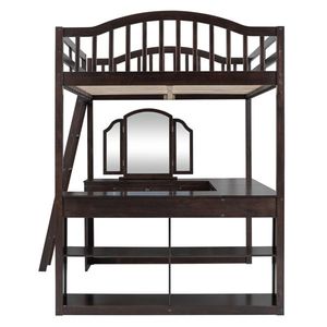 Espresso U-Shaped Wooden Loft Bed with Storage Compartments and Tri-Fold Mirror Full Size Desk Included - Product Image 3