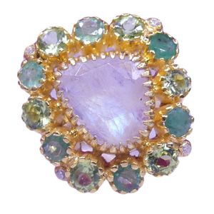 Flower Shape <b>Gold</b> Plated <b>Cocktail</b> <b>Ring</b> With Amethyst And Gemstones Bezel Setting Bohemia Style Women's Everyday Wear - Product Image 4