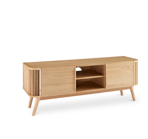 Buffet moderne en teck massif avec porte à lattes, meuble de rangement minimaliste en bois pour salon - Product Image 2