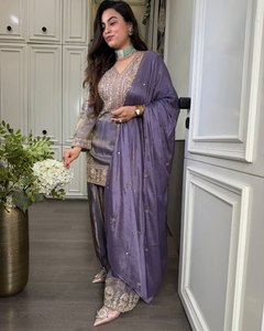 Womens Purple <b>Silk</b> Embroidered <b>Kurta</b> Palazzo Set With Sequins Work Dupatta Full Sleeve Party Wear Ready To Wear Ethnic Outfit - Product Image 3