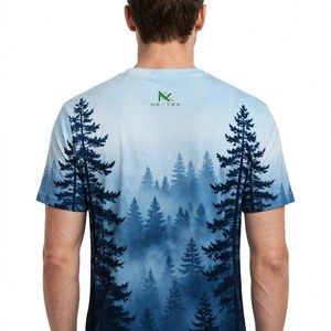 เสื้อยืดพิมพ์ลายป่าสีฟ้าหมอกแบบกำหนดเองสำหรับผู้ชาย เสื้อยืดผ้าฝ้ายเจอร์ซีย์ลายศิลปะธรรมชาติ สไตล์กลางแจ้ง สวยงาม ผลิตตามสั่งจากโรงงาน ขายส่ง - Product Image 2