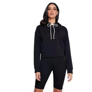 Custom Logo Winter Solid 100% Cotton Crop Top Hoodie Short <b>Set</b> <b>Women</b> Zipper Biker <b>2</b> <b>Piece</b> Jogger <b>Set</b> - Product Image 2