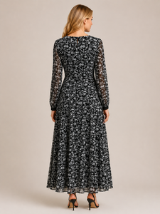Wholesale Premium Quality <b>Black</b> Color Floral Print Western <b>Dress</b> Round Neck Sheer <b>Long</b> Sleeve High Waist A LINE <b>Maxi</b> <b>Long</b> Casual - Product Image 4