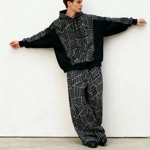 Men's Black White Solid Windproof 100% Cotton Hooded Tracksuit <b>Set</b> Full Sleeve Drawstring Pants Sweatshirt Regular Fit - Product Image 4