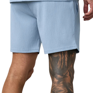 Shorts de sport texturés bleu clair pour hommes 100 % coton écologique taille haute élastique avec cordon de serrage respirant séchage rapide pour la course - Product Image 4