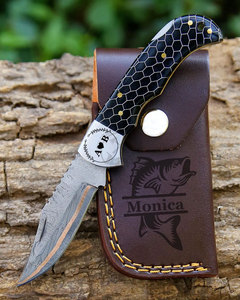 High Quality Copper Damascus Steel Hunting Pocket Knife Honeycomb Steel Bolster Handle Outdoor Camping Portable Folding Knives - Product Image 3