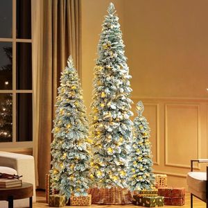 8FT <b>6FT</b> 4FT Pre-Lit Pencil Christmas <b>Trees</b> Set 3 Slim Fir <b>Trees</b> with 1370 PE Flocked Decoration for Xmas Holiday - Product Image 2