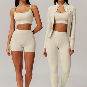 Conjunto Deportivo de Dos Piezas para Yoga, Top Deportivo con Espalda Cruzada y Cierre Frontal, Shorts de Cintura Alta, Transpirable, Poliamida, Color Sólido - Product Image 1