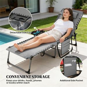 Chaise longue pliante grise pour bronzer en plein air et utilisation en cour - Product Image 2