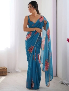Sari de Rayón Georgette Estampado KV - Sin Arrugas, Reversible, de Secado Rápido, para Fiestas, Bodas, Diwali, Estilo Bollywood - Product Image 5