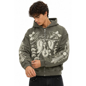 Sweat à capuche oversize pour homme en coton tricoté avec fermeture éclair, style streetwear, imprimé graphique, logo frontal, design vieilli, idéal pour l'automne - Product Image 5
