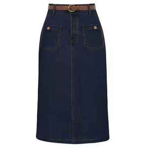 Custom 100% Cotton Blue Denim <b>Skirt</b> for Women Washed Vintage High Waist <b>Split</b> Women's Maxi <b>Skirt</b> - Product Image 5
