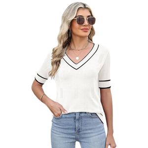 Pull à col en V pour femme, manches courtes, tricot léger, hauts printemps-été avec boutons décoratifs - Product Image 1