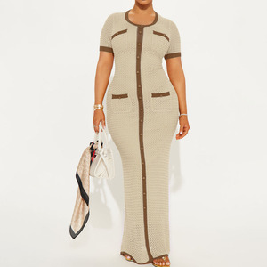Solid <b>Custom</b> Women Beige Maxi Knitted Sweater <b>Dress</b> Brown Contrast Buttons And Pockets Short Sleeve A-Line Autumn Style Maxi - Product Image 1