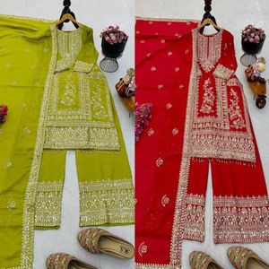 Chinon Silk Suit Set Women Designer Salwar Suit <b>Sequin</b> Embroidery Dress Coding Work Kurta <b>Pant</b> Dupatta Set Moti Work Ethnic Wear - Product Image 3