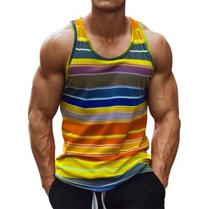 Débardeur tricoté rayé pour homme, col rond, décontracté, respirant, gilet de fitness, t-shirt sans manches pour l'entraînement estival - Product Image 1