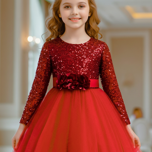 Robe de demoiselle d'honneur de luxe en velours rouge à sequins, broderie florale, pour enfants, idéale pour les fêtes d'anniversaire et les mariages, vente en gros - Product Image 4