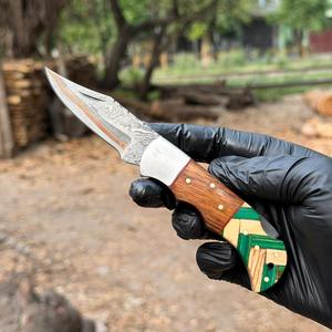 AR KNIVES INDUSTRY Cuchillo de bolsillo plegable de acero de Damasco y cobre - Cuchillo EDC multiusos para caza con mango de madera de resina epoxi y hoja de punta caída - Product Image 6