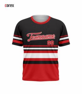 T-shirt à manches courtes rayé noir et rouge Corex avec impression du nom de l'équipe, col rond, coupe régulière, style sportif - Product Image 1