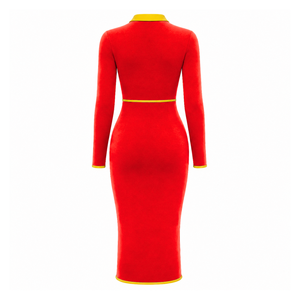 Vestido Midi Ajustado Rojo para Mujer NSPDK con Cuello Polo Dorado en Contraste, Cierre de Cremallera de un Cuarto, Manga Larga, Estilo Casual - Product Image 4