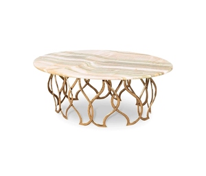 Mesa de centro redonda de diseño premium con base de plinto en oro cepillado, funciona como una elegante mesa de centro de lujo. - Product Image 1