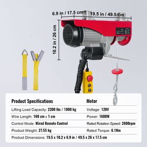 1600W 110V Electric <b>Hoist</b> 14ft Wired Remote Control 40ft Single Cable Lifting Height 2200 Lbs Attic Lift 600kg Load Pure Copper - Product Image 6