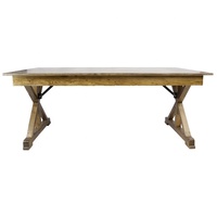 Vente en gros de table de ferme pliante antique en bois massif et ensemble de chaises à dossier croisé en bois massif pour banquet, mariage, événement, fête