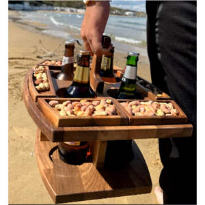 Portavasos de Madera |   Porta Cervezas para 4 Botellas con Bandejas de Servicio, Organizador Resistente para Vino y Aperitivos para Picnic, Venta al por Mayor para Fiestas - Product Image 1