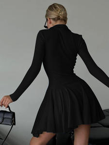 V-neck Knitted Printed 100% Polyester Winter Pleated Slender Striped Irregular Slit Long Tennis <b>Dress</b> Front Logo - Product Image 2