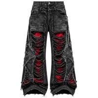Jean déchiré respirant pour homme, noir délavé, coupe large, avec empiècements contrastants rouges, imprimé denim, OEM