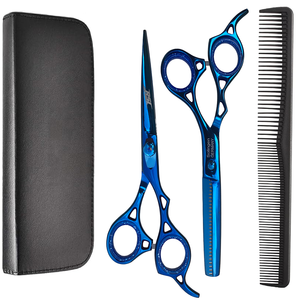High Quality Black & Blue Private Label <b>Barber</b> Hair Cutting Scissors Professional Hair Cut Hair Scissors <b>Set</b> with case - Product Image 1