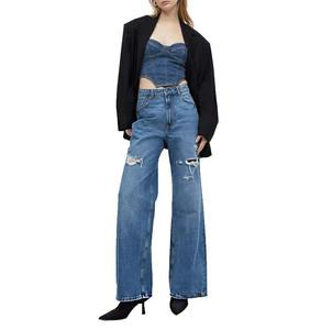 กางเกงยีนส์ขากว้างสีน้ำเงินเข้มแบบขาดๆ ซักฟอก สไตล์เก๋ที่สุดสำหรับผู้หญิง กางเกงยีนส์ขาดๆ แฟชั่นสำหรับผู้หญิง มีจำหน่ายแล้ว - Product Image 4