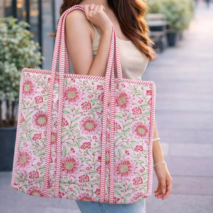 Stylish Women's Tote Bag <b>Large</b> Floral <b>Print</b> Blue Quilted Open Closure Made Indian Cotton Washable for Daily Shopping Travel - Product Image 1