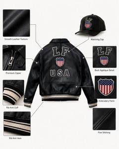 Blouson aviateur en cuir noir pour homme avec patch brodé LF USA, fermeture éclair, col rabattable, vêtement d'extérieur pour l'automne - Product Image 3